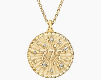 Round Cut Lab Grown Diamond Wedding Necklace, 14k Gold Angel Number 777 Medallion Pendant, Lab Created Diamond Necklace, Valentine's Gift