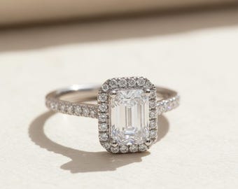 2.70 Carat IGI Certified E VS1 Emerald Cut Lab Grown Diamond Engagement Ring, Halo Lab Created Diamond Wedding Ring, Side Round Diamonds