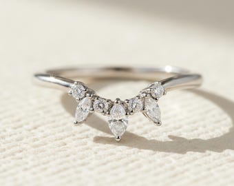0.25 Carat Delicate Wedding Band, Round & Marquise Lab Grown Diamond Curved Band Ring, 14K Gold Lab Created Diamond Stackable Ring For Her
