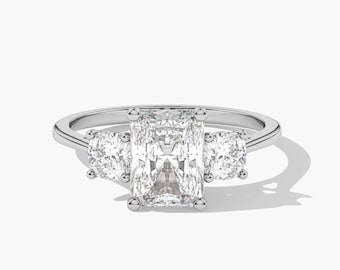 Anillo de compromiso con diamante cultivado en laboratorio de 2,30 quilates, talla cojín, color D, claridad VVS2, certificado por IGI. Anillo de tres piedras, anillo de boda de oro de 14k, regalo de aniversario.