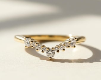 0.40 Carat E-F Color Round Cut Lab Grown Diamond Engagement Chevron Ring, Minimalist Curved Wedding Band Ring, 14k Gold Anniversary Ring