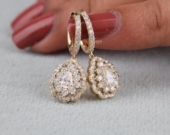 Pendientes colgantes de diamantes cultivados en laboratorio, forma de pera y redondos, 1,40 TCW, oro de 14 k. Pendientes colgantes de diamantes creados en laboratorio, con inspiración floral para mujer.