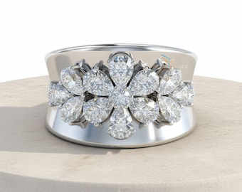 Anillo de boda con inspiración floral, anillo de compromiso con diamantes cultivados en laboratorio en forma de pera y redondo, anillo de cigarro, anillo de banda ancha para mujer, anillo de oro blanco de 14 quilates