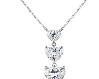 3.00 Carat E VS1 IGI Certified Heart Cut Lab Grown Diamond Drop Necklace, Three Stone Wedding Necklace, 14k Gold Necklace, Gift For Love