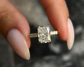 2.00 CT Radiant Lab Grown Diamond Engagement Ring, Lab Created CVD E VS2 Diamond Ring, Hidden Halo Wedding Ring For Women, Anniversary Gift