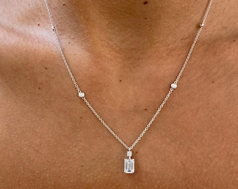 1 Carat Emerald Cut Lab Grown Diamond Pendant Necklace, Bezel Set Necklace, Lab Created Diamond Wedding Necklace, Anniversary Gift For Her