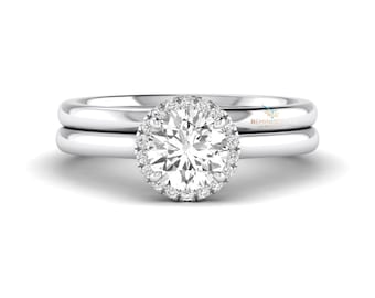 1.10 Carat Round Lab Grown Diamond Bridal Ring Set, D VS2 Lab Created Diamond Ring Set, Halo Solitaire Engagement Ring with Wedding Band
