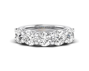 Alianza de media eternidad con diamantes redondos cultivados en laboratorio de 4 quilates, anillo de compromiso de oro de 14 quilates, anillo de cinco piedras para mujer, diamante con claridad VVS-VS