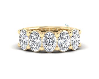 Anillo de cinco diamantes cultivados en laboratorio, alianza de media eternidad con diamantes cultivados en laboratorio ovalados de 4 quilates, alianza a juego de oro de 14 quilates para ella, anillo de compromiso