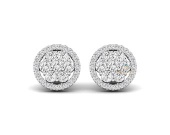 Aretes de diamantes cultivados en laboratorio de talla redonda de 1,95 quilates, con halo en racimo, de color E-F para mujer, en oro de 14 quilates.