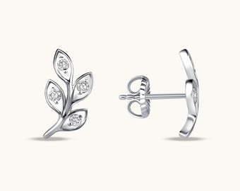 Pendientes de botón redondos de diamantes cultivados en laboratorio de 0,25 quilates, inspirados en hojas, diamantes E-F VVS-VS, pendientes trepadores de boda de oro de 14 quilates, regalo de cumpleaños
