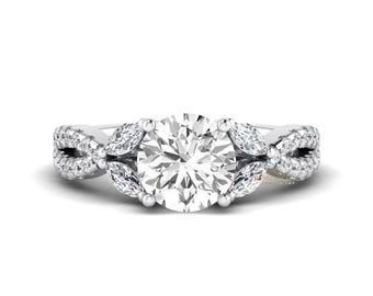 Anillo de compromiso con diamantes cultivados en laboratorio de 2,55 quilates, redondos y marquesina, banda trenzada con diseño de hojas, anillo de bodas con diamantes D VS2 con certificación IGI para mujer.