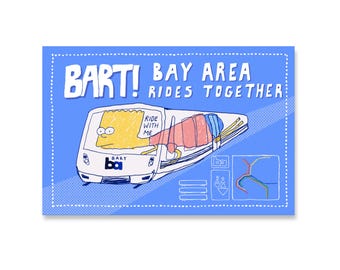 Bart Simpson BART Train Postcard Small Print and Sticker: Oakland San Francisco Transit