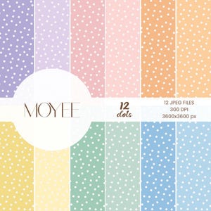 Könnte beinhalten: Eine Sammlung von 12 digitalen Papieren mit einem Polka-Dot-Muster in verschiedenen Pastellfarben. Jedes Papier hat einen anderen farbigen Hintergrund mit weißen Punkten. Das Bild enthält den Text "MOYEE" und "12 dots". Das Bild enthält auch den Text "12 JPEG FILES 300 DPI 3600x3600 px".
