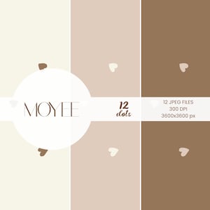 Puede incluir: Un diseño digital con una paleta de colores neutros en tonos beige, marrón claro y marrón. El diseño incluye un círculo blanco con la palabra "MOYEE" en una fuente serif y pequeñas formas de corazón. También está presente el texto "12 dots".