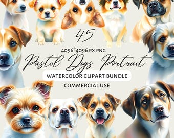 Watercolor Dog Clipart: 45 Pastel Puppy Portraits (Commercial Use PNG)