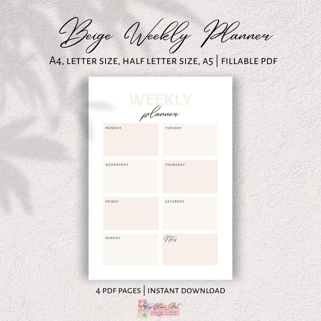 Beige Weekly Planner Printable: Minimalist Fillable Schedule (a4/a5 ...