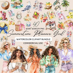 Watercolor Planner Girl Clipart: Beach Vacation PNG Stickers (Digital Download)