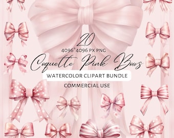 Pink Bows Clipart: Coquette Watercolor Ribbon PNG (Digital Download)