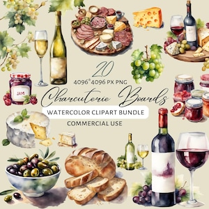 Clipart de charcutería, Clipart de vino y queso, Arte de tabla de quesos, Ilustración de comida en acuarela, Pegatina de libro de cocina, Tabla de charcutería PNG