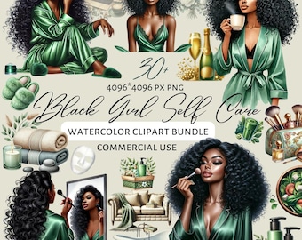 May include: A digital illustration set of 30+ watercolour clipart images featuring Black women in various self-care activities. The images include women wearing green robes, applying makeup, relaxing in a bathtub, and enjoying a cup of tea. The text "Black Girl Self Care" is included in the image.