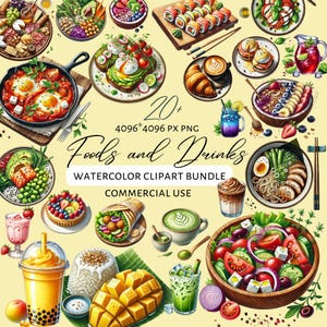 Alimentos e bebidas clipart aquarela, clipart de alimentos saudáveis, clipart de livros de receitas, adesivos de menu, comida PNG, arte de comida em aquarela, comida PNG