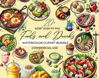 Foods and Drinks Watercolor Clipart: Healthy Cookbook Menu (PNG)