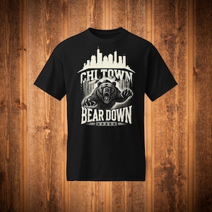 Chicago Bear Down T-Shirt, Chi Town Skyline Graphic Tee, Vintage Style Roaring Bear Shirt, Football Fan Gift, Chicago Sports Fan Apparel