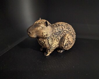 3D Printed Ornamental Capybara – Mini Figurine in Antique Gold with Decorative Pattern, 1.75”
