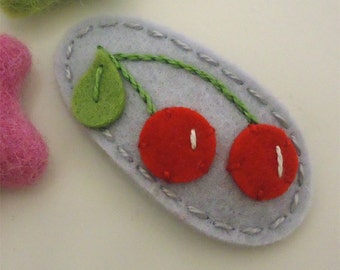 Felt hair clip -No slip -Wool felt -Red cherries -silver grey