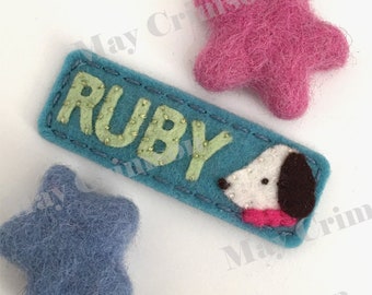 Felt hair clip -Back to school personalized bow name with a dog -No slip -Wool felt -customized name/colour/size