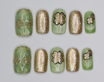 Lucky Green and Gold Clover Press-On Nails | Handcrafted Nail Art for St. Patrick's Day