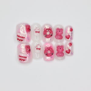 Pink Bear Press On Nails | Cute Handcrafted Nail Art | Cake Design Manicure | Unique Pink Nail Sets
