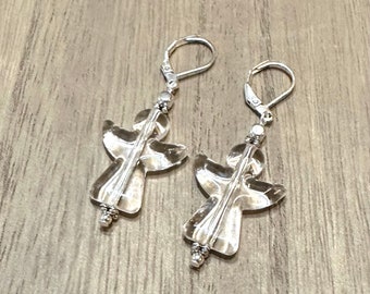 Clear as crystal Angel earrings, Nickel free lightweight acrylic earrings,  festive holiday jewelry.