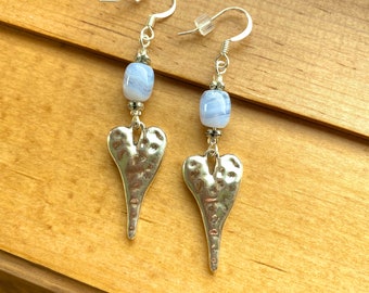 Hammered silver heart earrings, blue lace agate earrings, nickel free earrings, handmade jewelry, gifts for mom, handmade heart earrings