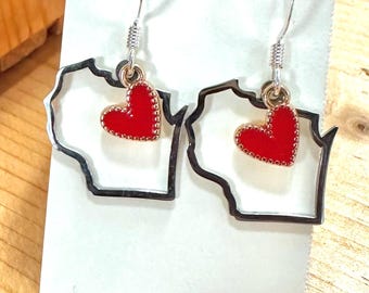 Wisconsin state earrings, red heart earrings, Midwest, WI earrings, Madison,  lightweight earrings, nickel free