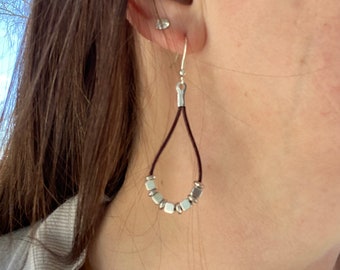 Brown Leather teardrop earrings, Silver Teardrop earrings, Lightweight dangle earrings, Nickel Free Earrings, Gifts for bridesmaids