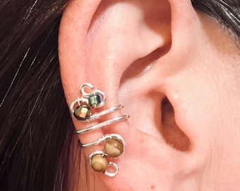 Earth tone stone and glass silver wire ear cuff, hand wrapped wire work, non pierced earring alternative, cartilage clip, unpierced