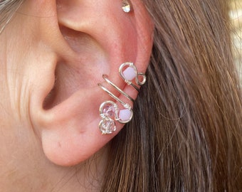Crystal ear cuff non-pierced, adjustable,  silver wire with pink alabaster Swarovski crystals. Nickel free. Cartilage cuff, ear crawler