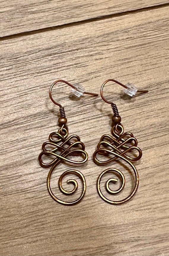 Infinity swirl earrings, wire wrapped earrings, lightweight bronze wire earrings, spiral design handmade earrings, wire jewelry gift for her
