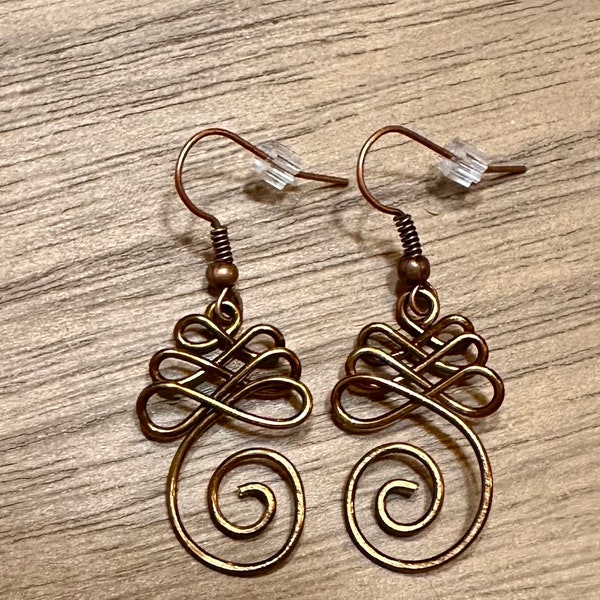 Infinity swirl earrings, wire wrapped earrings, lightweight bronze wire earrings, spiral design handmade earrings, wire jewelry gift for her