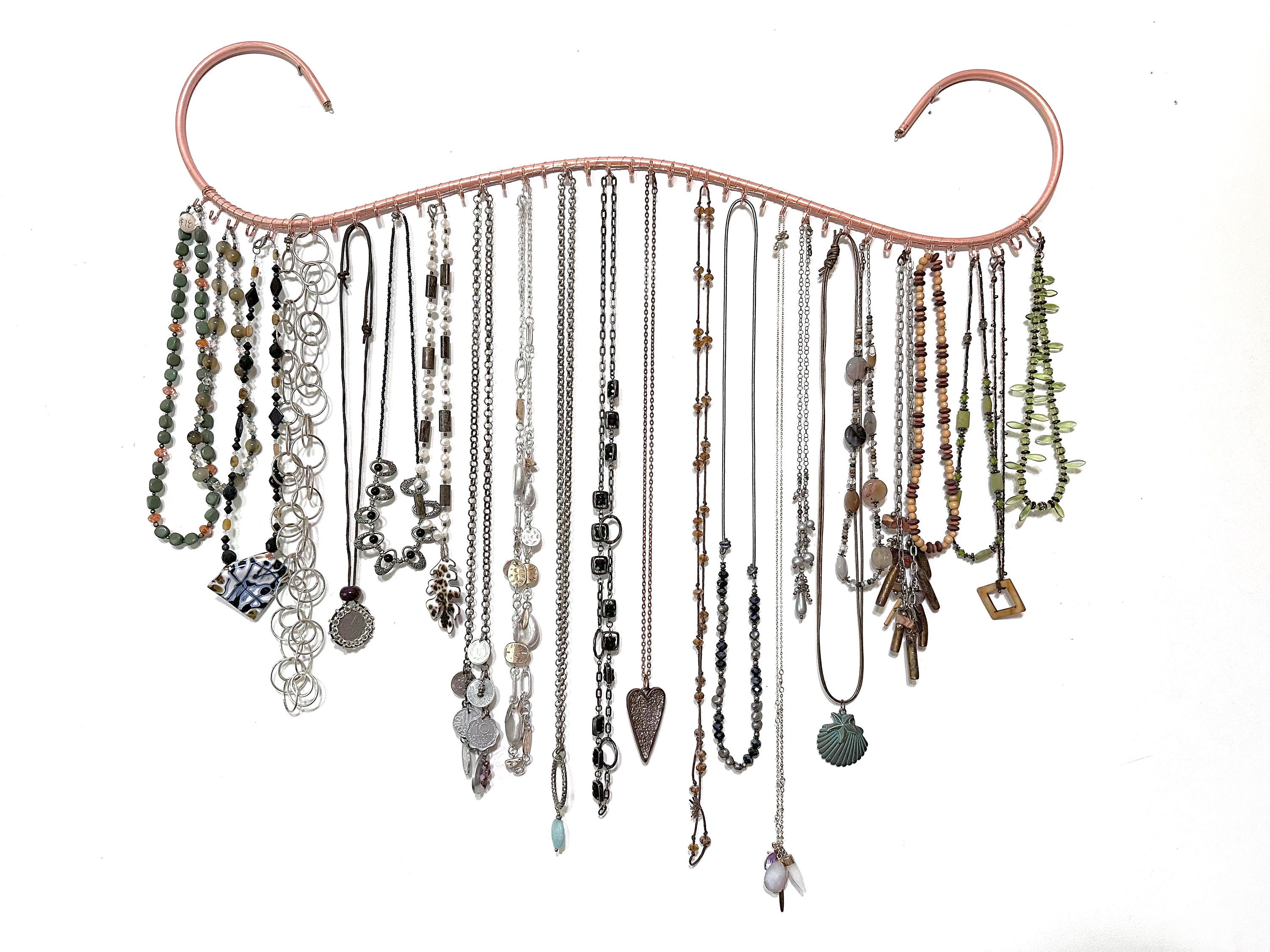Copper Necklace Organizer wall mount, wall jewelry hanger, Necklace or Bracelet stand for bedroom, functional wall art, 35 hooks.