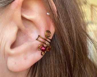 Crystal ear cuff non-pierced adjustable bronze wire with burgundy and brown, unpierced cuff, ear wrap, ear climber, fake piercing