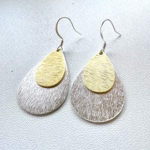 MIxed Metal earrings dangle, two tone dangle silver and gold earrings, lightweight teardrop earrings, nickel free, layered earrings