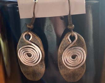 Hammered antique gold with handbent silver swirl earrings