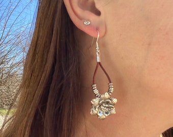 Hibiscus flower earrings, brown leather with silver beads, boho jewelry for women, leather jewelry, teardrop earrings, Nickel Free