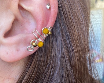 Crystal ear cuff non-pierced adjustable silver wire with mustard and bronze beads. Nickel free