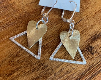 Brushed mixed metal triangle and heart earrings, nickel free, silver and gold