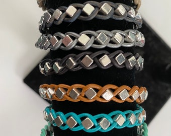 Handmade Braided leather silver bead bracelet,  woven leather in many colors, pick your size and color, strong magnetic closure