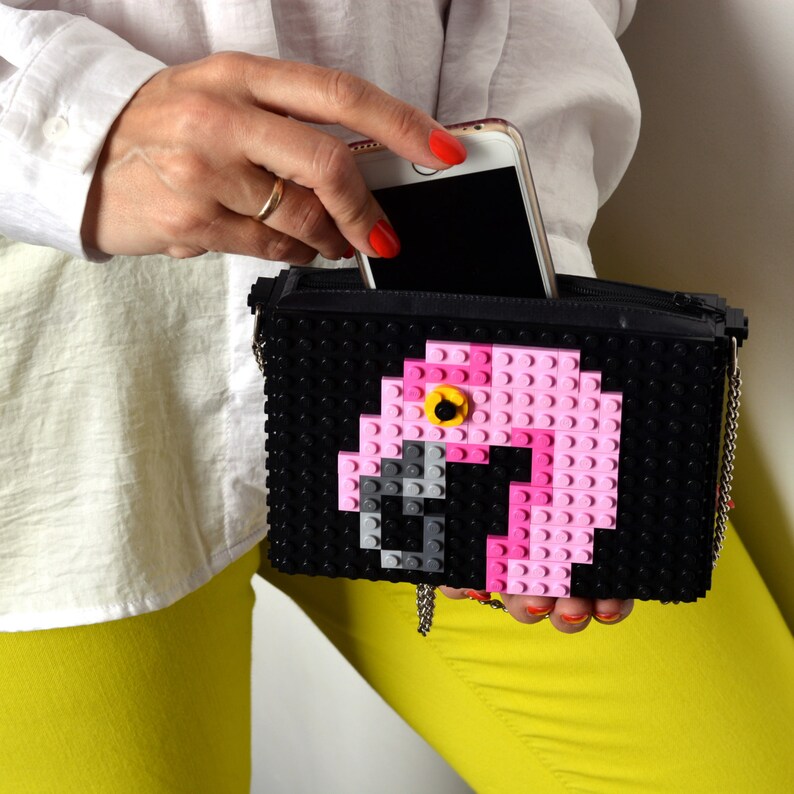 Black crossbody purse with flamingo made with LEGO® bricks FREE SHIPPING handbag trending fashion gift party wedding retro image 5